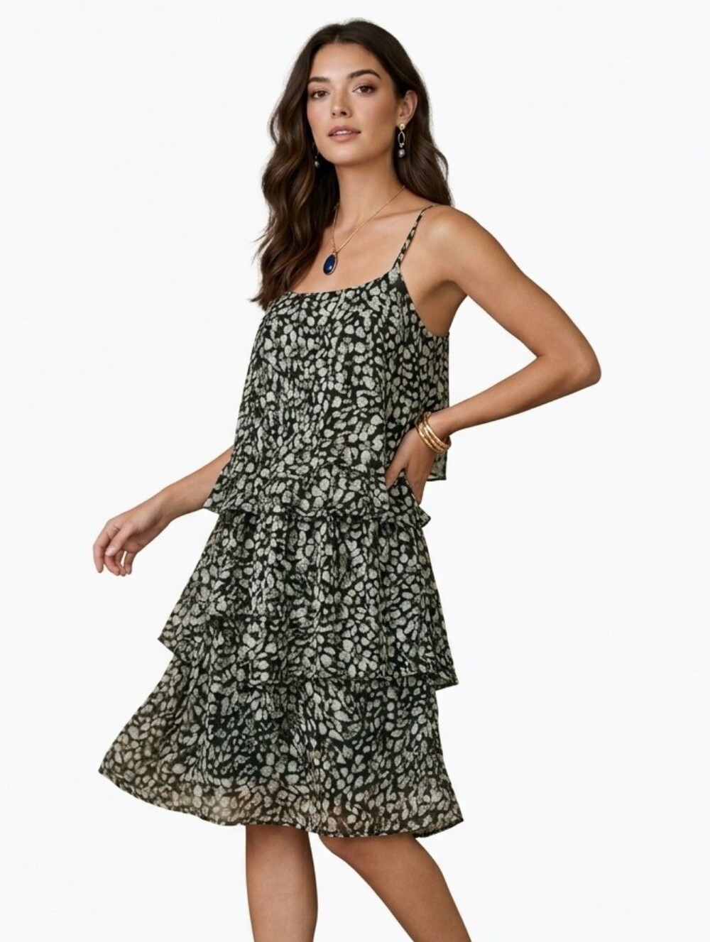 Who What Where Black Cream Floral Ruffle Summer Tiered Sleeveless Midi Dress